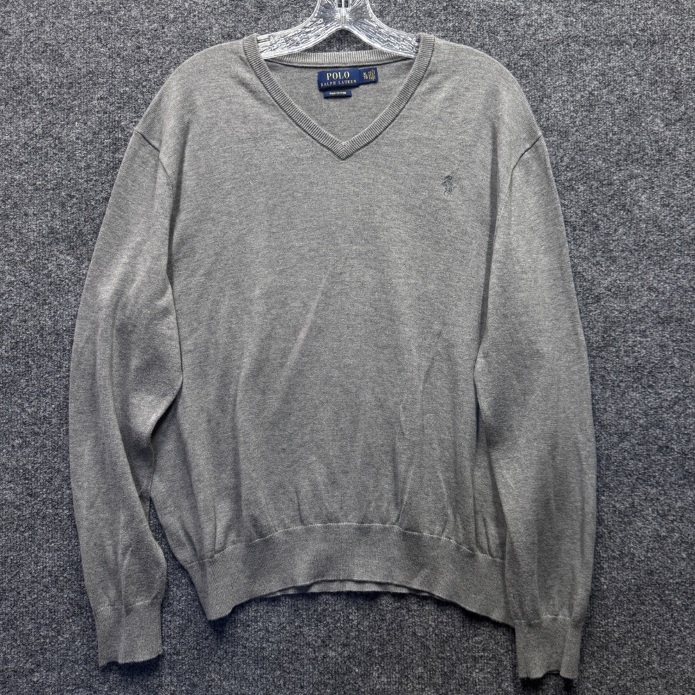 Polo Ralph Lauren V-Neck Sweater Mens XL Gray Pima Cotton Preppy Old Money